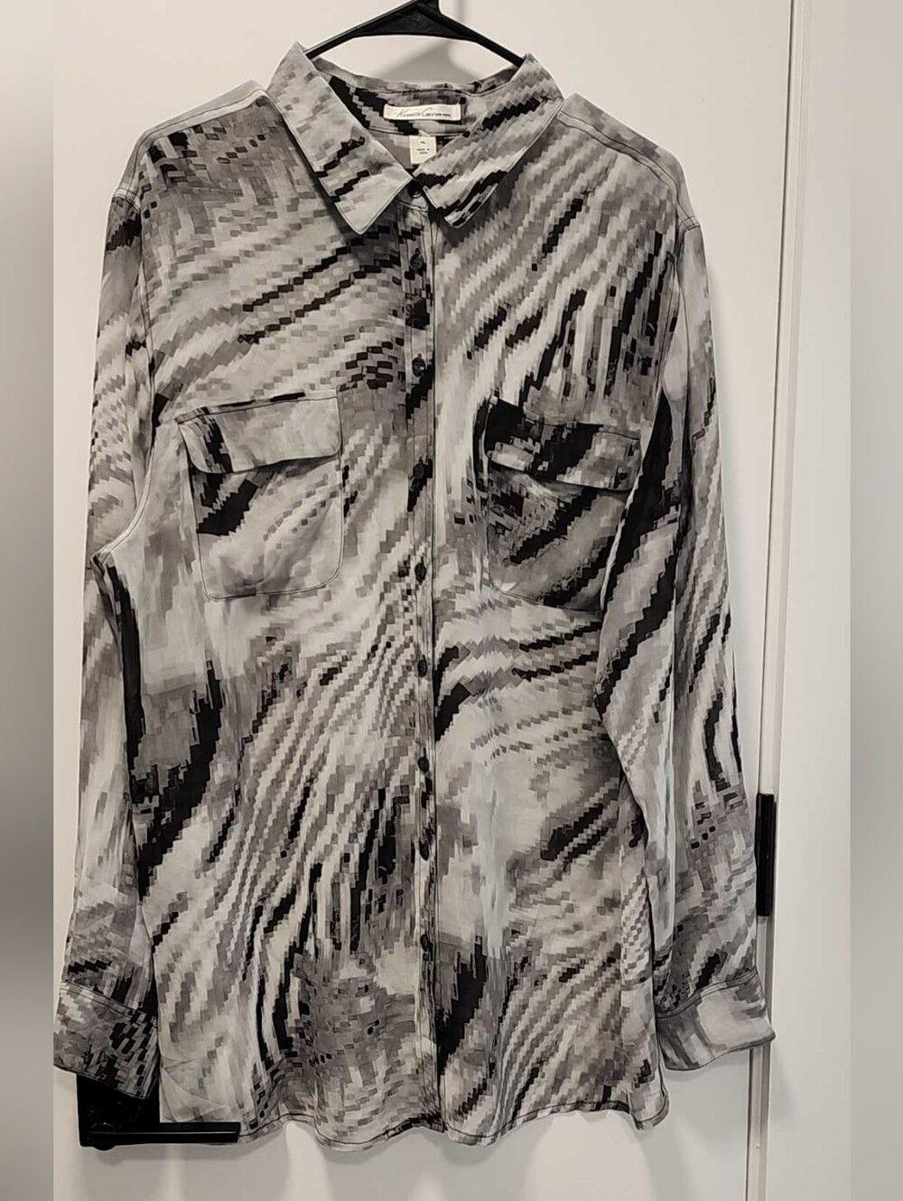 Kenneth Cole New York Sheer Black and Gray Abstract Print Shirt Size - XL